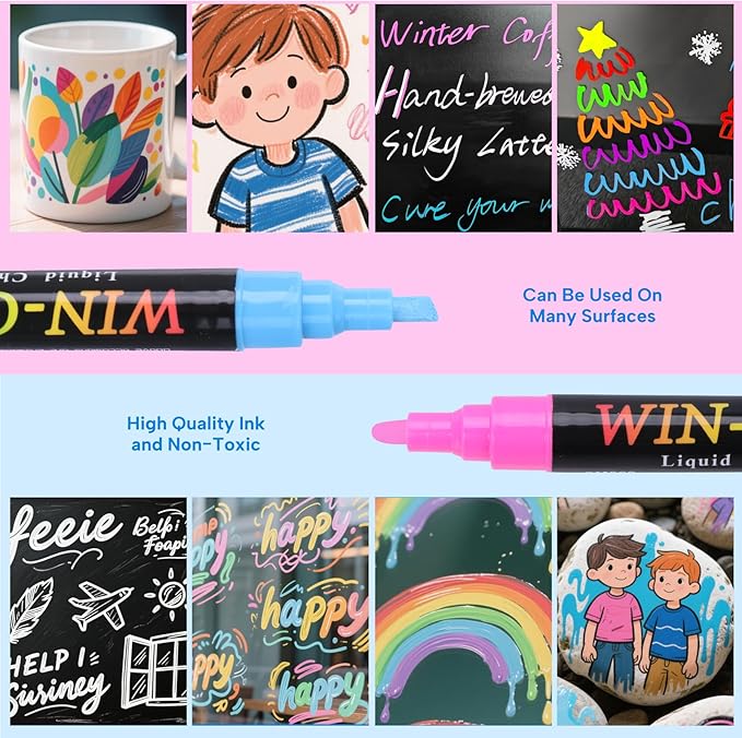 Liquid Chalk Markers Erasable,8 Colours Window Markers,6mm Reversible Tip,Zero Dust,Non-toxic,Quick Drying,for Blackboards,Glass,Cars,Restaurant Menu