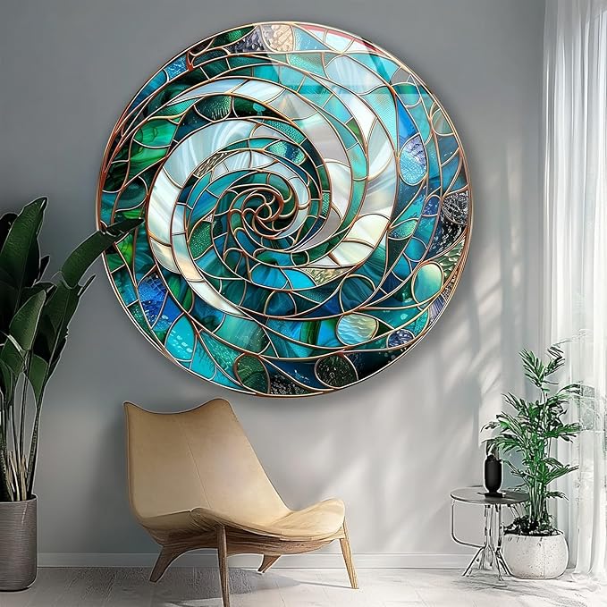 My Photostation.com 15.8''(40cm) Diameter Aqua Spiral Harmony Round Glass Wall Art Tempered Glass Printing Wall Decor Large Wall Art Wall Hangings