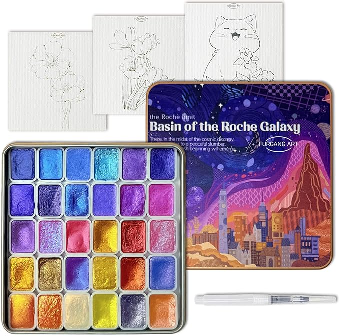 Mini Shifting Watercolor Paint Set, 30 Color Glitter Watercolor Painting Kit, Metallic Watercolor Paints, Solid Water Colors Paint Adult Set, Detail Paint Brush Included, for Artists