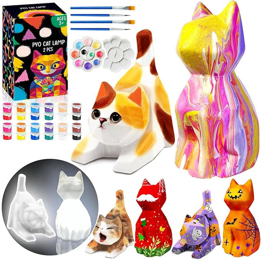 FUNZBO 2pcs Paint Your Own Cat Lamp Kit - Halloweens Arts and Crafts Supplies Kitten Painting Kits for Kid Teen, DIY Night Light Toy for Toddlers Girl Boy Age 3 4 5 6 7 8 9 10 11 12 13 + Birthday Gift