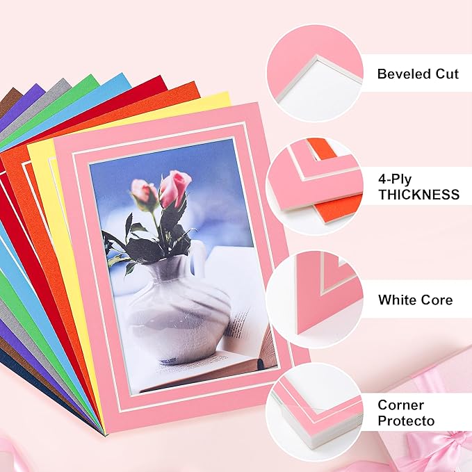 HOTUO 10 Pack 5x7 Colorful Picture Mats, 4 Ply Thickness Frame Mattes for 4x6 Photo, Photo Mat with Core Bevel Cut(Colorful with V-Groove)