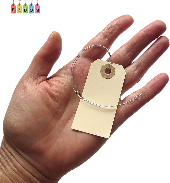 100 Manila Shipping Tags with Wire Attached #1-2 3/4” x 1 3/8” - Small Paper Hang Labels with Metal Ties and Reinforced Hole, Pre-Wired Tags to Tie On