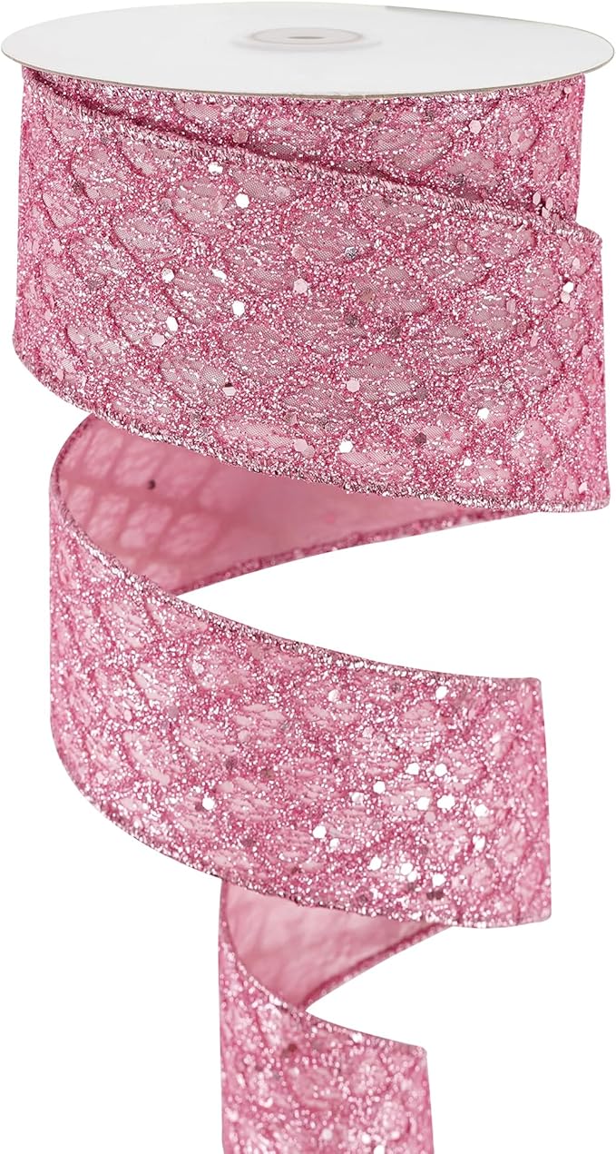 HUIHUANG Pink Glitter Wired Ribbon for Christmas Tree 2.5 inch Light Pink Diamond Mesh Wire Ribbon for Tree Decoration, Wreaths, Garland, Gift Wrapping, Bows Making, Home Decor -10 Yards