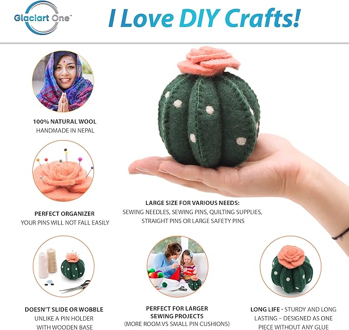 GLACIART ONE Sewing Pin Cushion Cactus | Large Size |Durable & Handmade Craft Supplies | Also for Quilting Needles, Sewing Machine Needles, Safety and T Pins