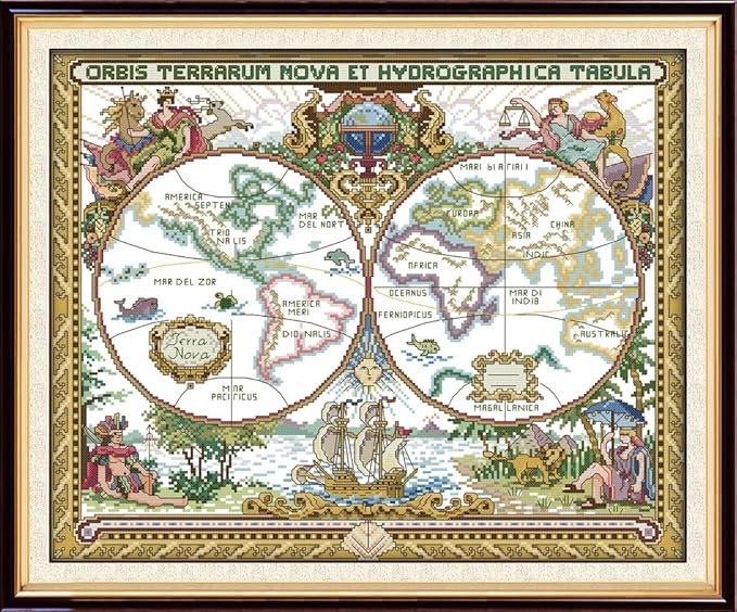 Maydiyer 14CT Counted Cross Stitch Kits Unprinted Embroidery Kit,Starter Kits for Beginners Needlework Sets-Old World Map 20×16.5 inch