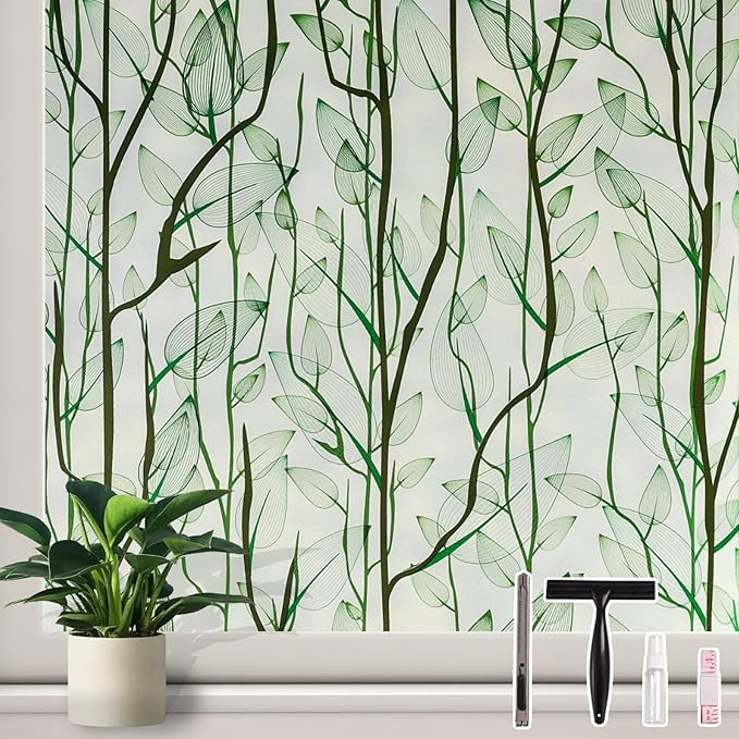 Donox Frosted Glass Window Film Heat Control UV Blocking, Static Cling Reusable Home Bathroom Door Window Privacy Film, Green Leaf Pattern Window Covering with Installation Tool, 23.6 in x 13.1 feet