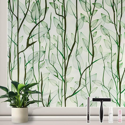 Donox Frosted Glass Window Film Heat Control UV Blocking, Static Cling Reusable Home Bathroom Door Window Privacy Film, Green Leaf Pattern Window Covering with Installation Tool, 35.4 in x 13.1 feet