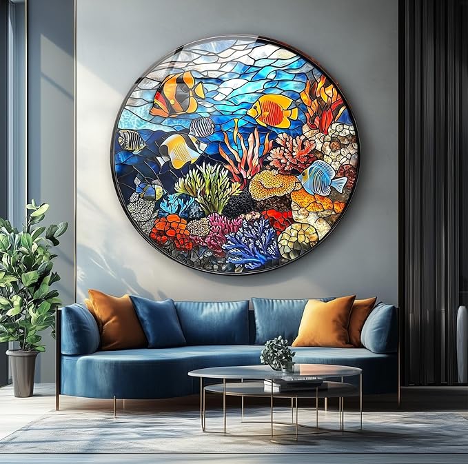 My Photostation.com 15.8''(40cm) Diameter Coral Reef Mosaic Round Glass Wall Art Tempered Glass Printing Wall Decor Large Wall Art Wall Hangings