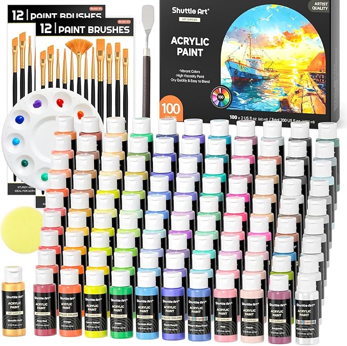 Shuttle Art 100 Colors Acrylic Paint, 2oz/60ml Bottles, Include 2 Sets of 12 Paint Brushes, 1 Art Sponge & Palette, Premium for Artists, Beginners & Kids on Canvas Rocks Wood Ceramic