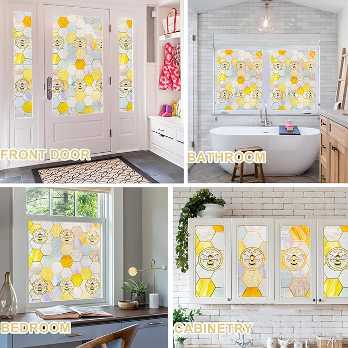 3D Stained Glass Window Privacy Film, Heat Control UV Blocking Static Cling Decorative Window Film for Bathroom,Front Door,Home Non Adhesive,35.4 x 78.7 inches Honey