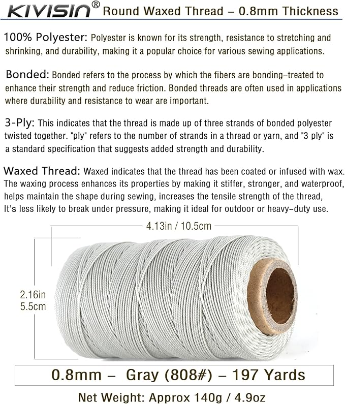 Bonded 0.8mm Round Waxed Polyester Cord, 3-ply Wax Coated Thread, 197 Yards Stiff String for Heavy Duty Fabric, Leather Sewing, Book Binding, Upholstery Repair, and Macrame Jewelry - Gray