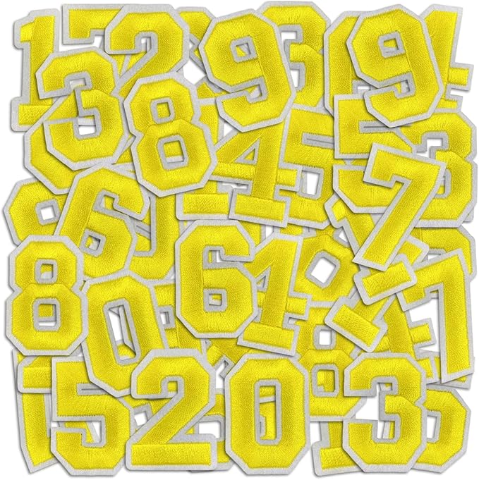 Number Iron On Patches, Numbers 0-9 Embroidery Applique Patch, DIY Decorative Heat Press Patches for Clothing Jeans Jackets Backpacks Hats (Yellow 50 Pcs)