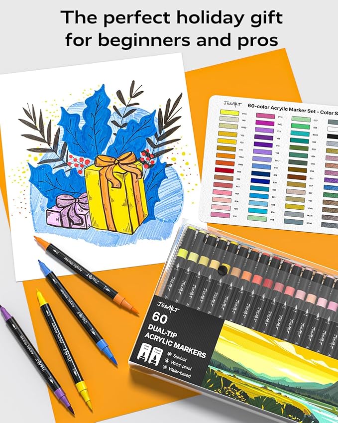 JusArt 48 Colors Dual Tip Acrylic Paint Pens Markers, Brush and Fine Tip, Premium Paint Pens for Wood, Canvas, Egg, Stone, Fabric, Rocks, Metal, Glass, Ceramic, DIY Crafts Making Art Supplies Gifts