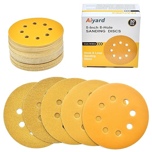 5-Inch 8-Hole Hook and Loop Sanding Discs, 60/80/120/220/400 Assorted Grits Gold Sanding Disc for Random Orbital Sander, 50-Pack
