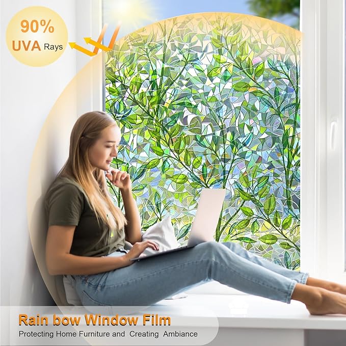 Window Privacy Film Stain Glass Window Film Rainbow Window Film Window clings Non-Adhesive Reusable Decorative for Room (Leaf Rainbow, 17.5 x 78.7 in)