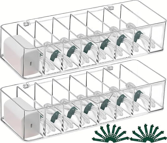 DUOFIRE 2 Pcs Cord Organizer with 16 Cable Ties, Clear Acrylic Cable Organizer Charger Organizer Electronics Organizer with Lid for Home Office Desk Organizers and Accessories