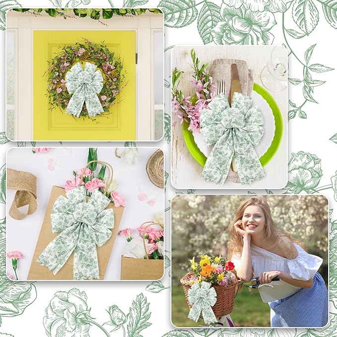 AnyDesign Floral Wired Edge Ribbon Roll Green Flower Ribbon Chinoiserie Fabric Ribbon for Wreath Bow Making DIY Crafts Gift Wrapping, 12 Yard
