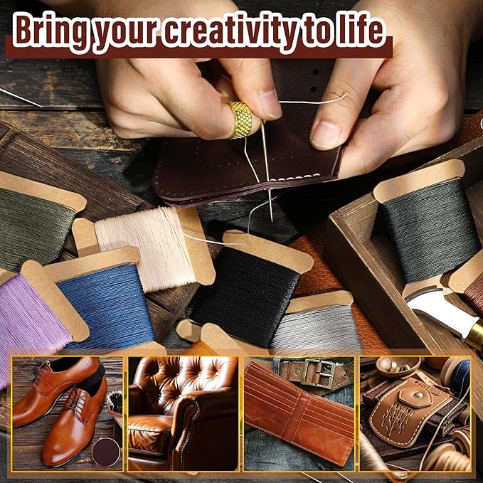 Repair Sewing Kit, Upholstery Needle with 32 Yard Waxed Thread and 8 Pcs Heavy Duty Leather Needles for Hand Stitching, Canvas & Quilting - 0.55mm Round Waxed Thread Dark Red