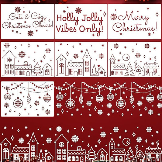 Christmas Stencils for Window Glass Large Christmas Stencils for Crafts Reusable Xmas Village House Holiday Stencil for Painting on Wood Wall Fabrics Decor