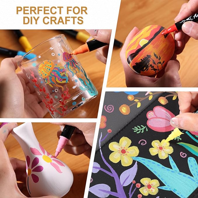 TOSAHRE Acrylic Paint Pens Markers 100 Colors Waterproof Dual Tip Acrylic Markers Set with Brush & Fine Tip Coloring Pens for Rock Painting Wood Scrapbook Fabric Glass Ceramic DIY Craft Art Supplies