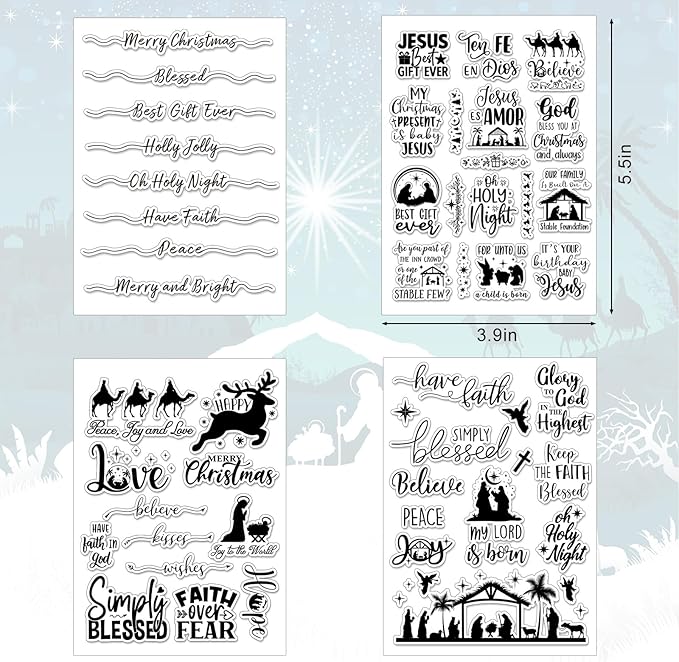 Whaline 4 Sheets Christmas Clear Stamps Greeting Words Nativity Scene Silicone Transparent Stamps Holy Night Stamp for Xmas DIY Craft Card Making Scrapbooking Embossing Album Decor