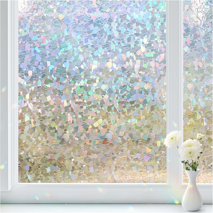 Haton Window Privacy Film, Rainbow Stained Glass Window Clings, 3D Decorative UV Sun Blocking Sticker, Removable Static Cling Heat Control Tint for Home Door, 17.5" x 78.7" Non-Adhesive