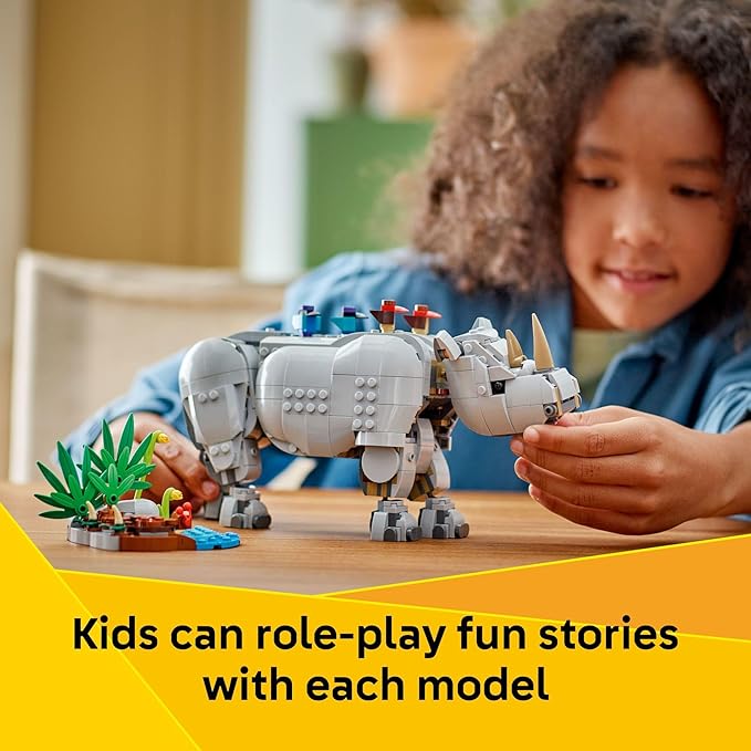 LEGO Creator 3 in 1 Wild Animals: Majestic Rhino with Birds Pretend Play Toy for Kids - Safari Toy Building Set for Girls & Boys, Ages 9+ - Build 3 Animals in 1 Kit - Gift for Birthdays - 31171
