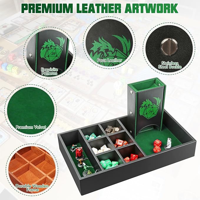 DND Dice Tray & Tower Storage Box, 4 in 1 D&D Dice Holder Case (Dice Rolling Tray, Dice Roller Tower, Dice & Miniature Storage), Great RPG Accessories Gifts for Dungeons and Dragons MTG DM & Player