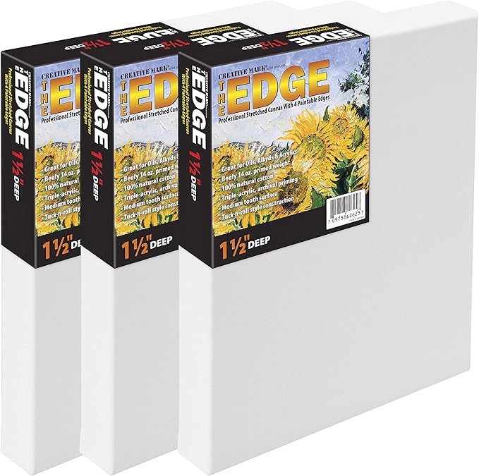 Creative Mark The Edge Deluxe Cotton 1-1/2" Deep Stretched Canvas for Painting, 10x10 Pack of 3, 14oz. Primed Weight, Universal Archival Priming, Medium Tooth, Hand-Stretched Canvas for Painters