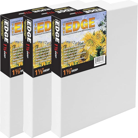 Creative Mark The Edge Deluxe Cotton 1-1/2" Deep Stretched Canvas for Painting, 18x18 Pack of 3, 14oz. Primed Weight, Universal Archival Priming, Medium Tooth, Hand-Stretched Canvas for Painters