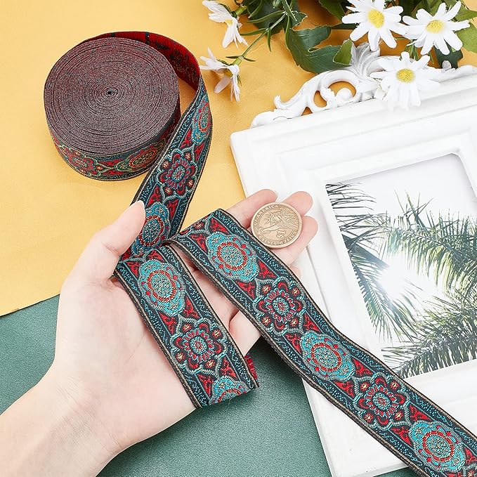 PH PandaHall 7 Yards Jacquard Ribbon, 1.3 Inch Vintage Sewing Emobridered Woven Ribbon Floral Fabric Trim Fringe Sewing Decor Trim for Boho Persian Ramadan Bag Straps Clothing Sewing Gift Home Decor
