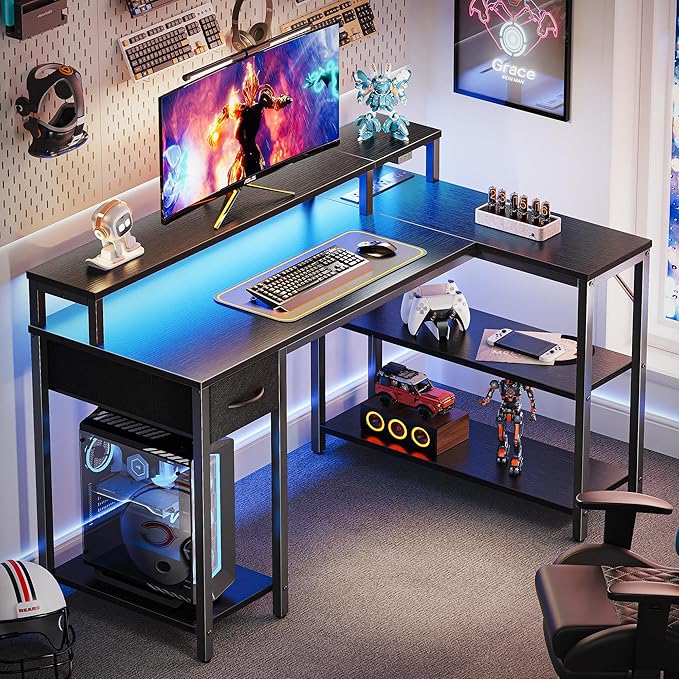 SUPERJARE Reversible L Shaped Gaming Desk with Drawer, LED Lights & Power Outlets, Corner Computer Desk with Shelves & Monitor Stand for Home, Office, Black, 47 inches