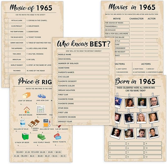 QUPT 60th Birthday Party Games, Set of 5 Activities for 10 Guests, Born in 1965 Games Bundle, Birthday Party Supplies for Adults, Pack of 50 Cards
