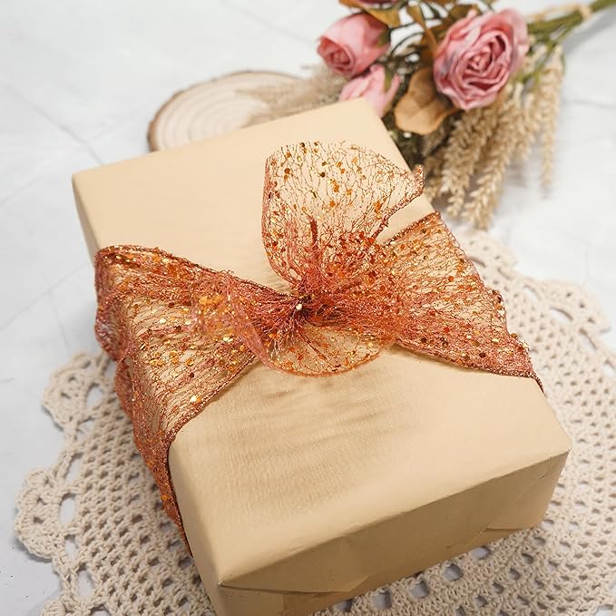 CT CRAFT LLC Sparkling Glitter Mesh Wired Ribbon 6" x 10 Yards Bronze Orange for Christmas Home Decor Bow Gift Wrapping DIY Crafts Wreath