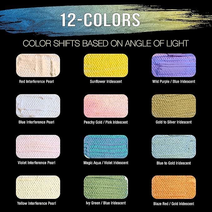 U.S. Art Supply 12-Color Iridescent Acrylic Paint Set Large 75ml Tubes - Luminescent, Chameleon, Color-Shifting Pearl Colors, Crafting Paints - Iridescent Paint Acrylics for Canvas, Wood, Rock, Paper