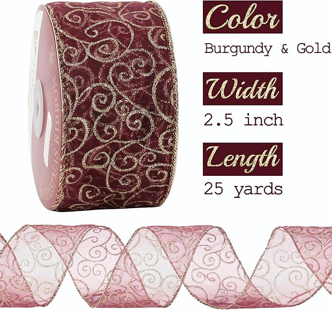 MEEDEE Red Gold Swirl Wired Ribbon 2.5 Inch Dark Red Sheer Ribbon with Gold Swirl Glitter Wired Ribbon Organza Sheer Ribbon 25 Yards Burgundy Sheer Christmas Ribbon for Christmas Tree, Wreath Bow