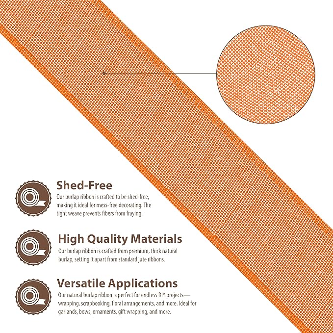 Mandala Crafts Orange Burlap Wired Ribbon 3 Inches Wide Jute Ribbons for Crafts - 10 Yds Roll Rustic Burlap Wrap Trim Ribbons for Wreaths Bows Party Decoration
