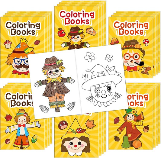 JAPBOR Fall Scarecrow Coloring Books - 24PCS Mini Autumn Scarecrows Color Book Bulk for Kids Party Favors, Thanksgiving Rustic Small Colouring Pages for Birthday Gifts Class Drawing Painting Game