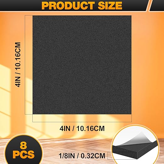 MYFAMIREA 8 PCS Adhesive Foam Padding Sheets Closed Cell Self Adhesive Sticky Foam Pads, 1/8" Thick 4'' x 4'' Neoprene Rubber Sheets Non-Slip Insulation Pads Vibration for Furniture Crafts Cars, Black