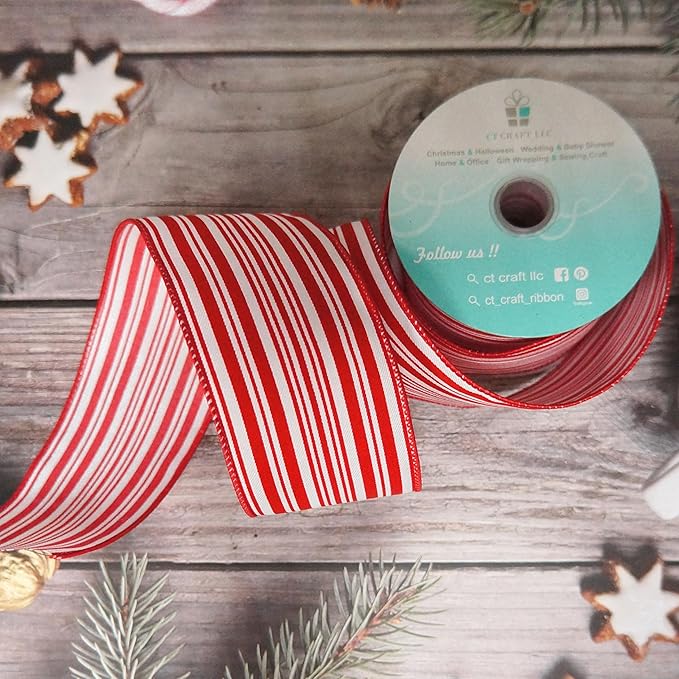 CT CRAFT LLC Red and White Stripe Wired Ribbon – 2.5" Wide x 10 Yards Long Decorative Fabric Ribbon for Crafts, Gift Wrapping, and Holiday Décor