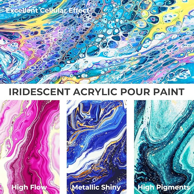 Nicpro 8 Colors Iridescent Metallic Acrylic Pour Paint Supplies Kit, 8.45oz Large Ready to Pour Premixed High Flow Pouring Paint Set with Silicone Pouring Oil, Gloves, Instructions for Beginner DIY