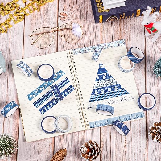 Whaline 12 Rolls Winter Washi Tape Blue White Snowflake Snowman Holiday Masking Tape Xmas Tree Reindeer Assorted Pattern Washi Tape for Scrapbook Journal DIY Craft Gift Wrapping Party Decor