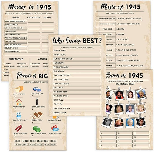 80th Birthday Party Games, Born in 1945 Games Bundle, Set of 5 Activities for 10 Guests, Birthday Party Supplies for Adults, Pack of 50 Cards