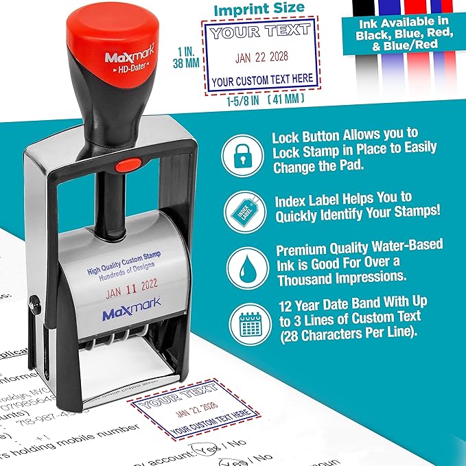 MaxMark Heavy Duty Self Inking Date Stamp with Phrase Revised - Red Ink