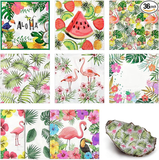 Crtiin 36 Pack 9 Styles Decoupage Napkins Assorted Floral Decorative Decoupage Napkins Chinoiserie Cocktail Paper for DIY Crafting Birthday Party, Each Unfolded 13 Inch(Tropical Plants)