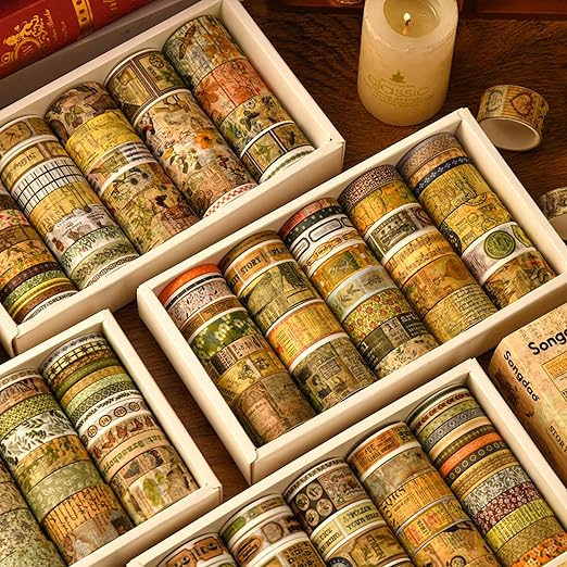 36 Rolls Vintage Washi Tape Pack Retro Arts Adhesive Tapes Wide Chronicle Decorative Masking Tape Sets for Craft, Kids, Scrapbook, DIY, Gift Wrapping (Soul Songs)