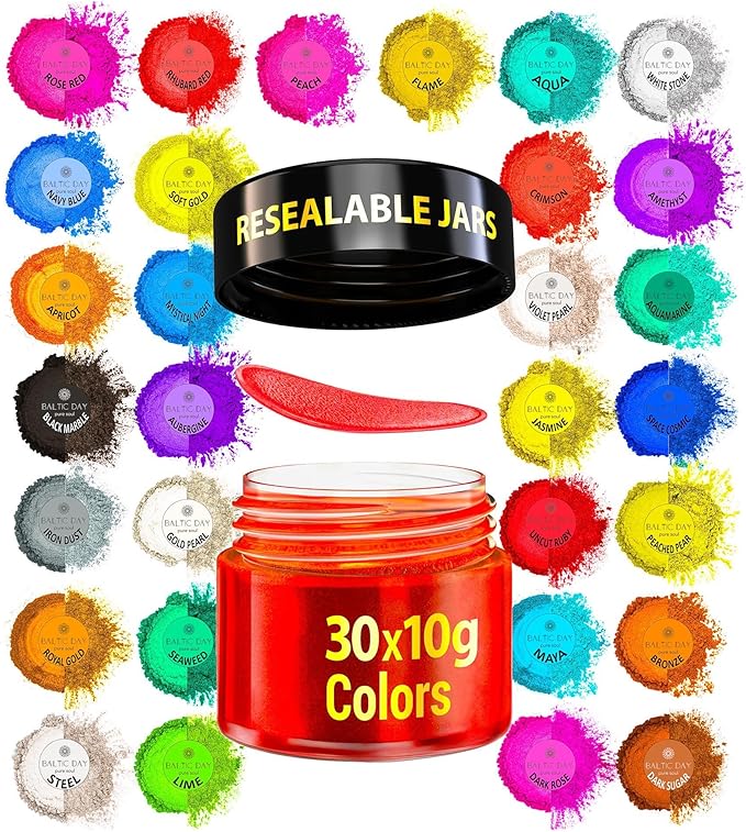 BALTIC DAY - Mica Powder, 30 x 10g Jars of Mica Powder for Epoxy Resin Set - Epoxy Resin Color Pigment Powder - Pigments for Soap Making, Slime, Nails