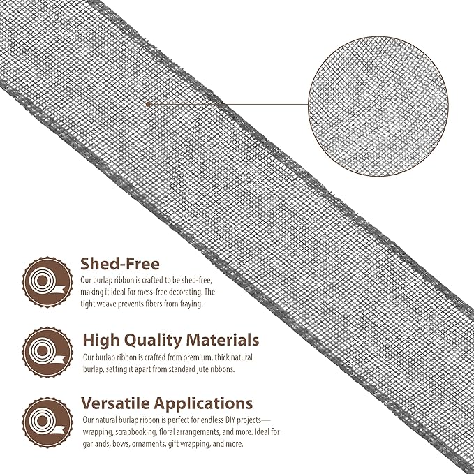 Mandala Crafts Gray Burlap Ribbon 2.5 Inches Wide Jute Ribbons for Crafts - 20 Yds Roll Rustic Burlap Wrap Trim Ribbons for Wreaths Bows Wedding Party Decoration