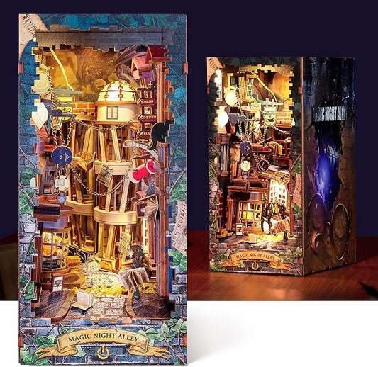 3D Wood Puzzle Book Nook Kit, DIY Magical Miniature Dollhouse with LED Light, Magic Night Alley Bookshelf Insert Bookend for Display, 3D Puzzle Craft Set for Adults(Magic Night Alley)
