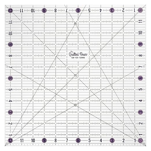 The Quilted Bear Quilting Rulers - Transparent Acrylic Non Slip Quilting, Patchwork & Sewing Ruler with Clear Black Lines & 30, 45 & 60 Degree Angles for Perfect Accuracy & Precision (12.5" x 12.5")